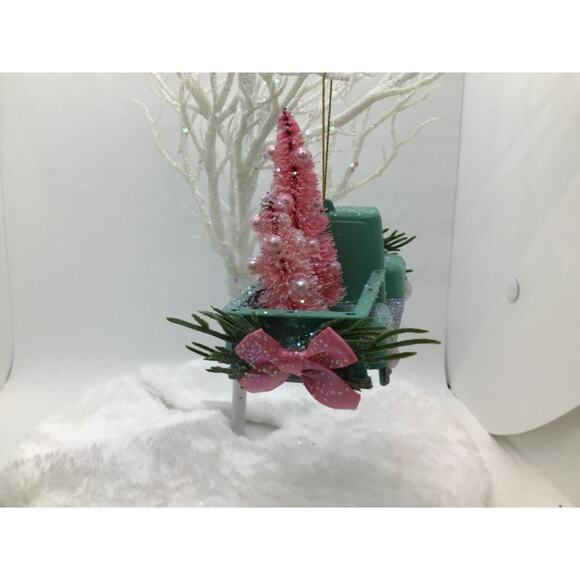 Farmhouse Truck Christmas Ornament -Green Pink Bottle Brush Trees Hand Decorated - Picture 6 of 11